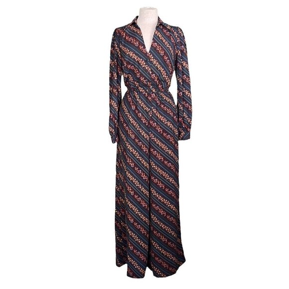 Modcloth Everything & More Jumpsuit Floral Stripe Wide Leg Retro 70's Teal Blue - Picture 2 of 10